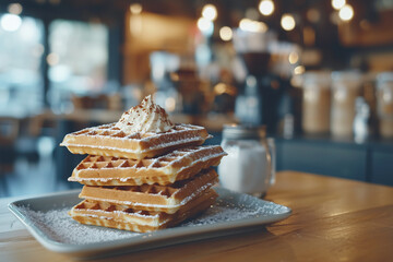Poster - stack of waffles topped with whipped cream and powdered sugar sits on plate in cozy cafe setting, with warm lighting and blurred background