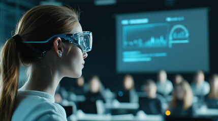 Aufkleber - woman wearing augmented reality glasses observes digital presentation in modern classroom, focusing on futuristic technology