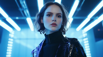 Poster - woman in futuristic setting with neon lights and reflective jacket, exuding sci fi vibe. blue and white lights create modern, high tech atmosphere