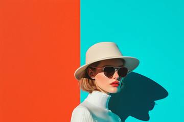 Poster - stylish woman wearing sunglasses and hat stands against vibrant split background of red and blue, showcasing retro fashion with bold colors and confident expression