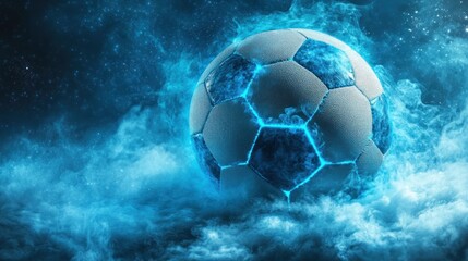 Aufkleber - Fiery soccer ball engulfed in blue flames and smoke against a dark background.