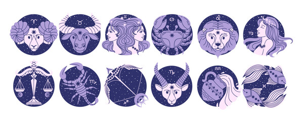 zodiac signs. horoscope symbols. twelve astrological constellations. spirituality, personal identity