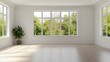 © Jaroon - an empty room with large windows overlooking a lush, green landscape. A potted plant sits in the corner