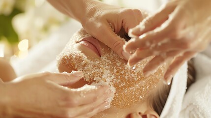 Wall Mural - A woman's face is covered in a salt scrub as an esthetician massages it.