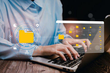 Poster - digital file management concept with folder icon and copying process on laptop screen, business conc