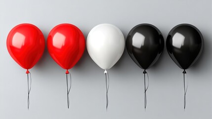 Aufkleber - Five shiny balloons in red, white, and black colors arranged in a row against a gray background.