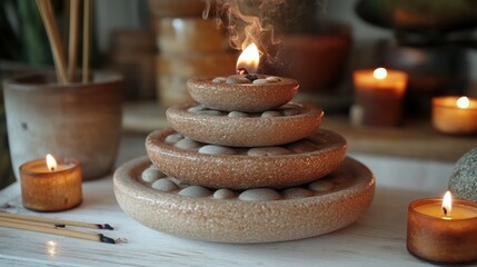 Aufkleber - Four-tiered ceramic burner with pebbles, lit candle, incense sticks and candles.
