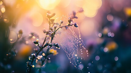 A close-up of a spider web covered in morning dew with a blurred background digital