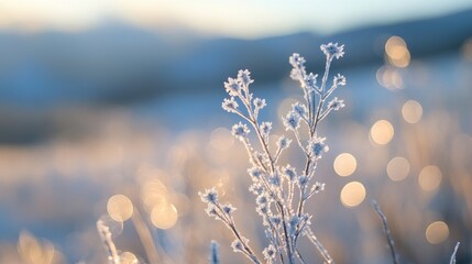 Poster - Frost-covered plants at sunrise, bokeh background.