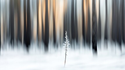 Poster - Frosty plant in snowy forest with blurred trees at sunrise.