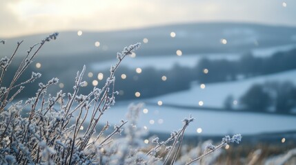 Poster - Frosty winter scene with snow-covered plants and blurred hilly landscape background.