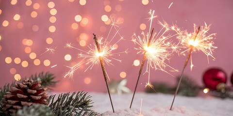 Poster - Beautiful sparkles from sparklers on the background of New Year's bokeh, Christmas mood, glitter, festive background. Bright fire on a pink background