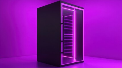Poster - Futuristic black cabinet with purple neon lights, open door revealing interior shelves.