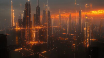 Aufkleber - Futuristic city skyline at sunset with glowing orange energy lines.