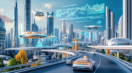 Aufkleber - Futuristic city skyline with flying cars, elevated roads, and digital overlays.