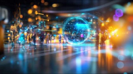 Poster - Urban nightlife people interacting with futuristic technology city street digital art vibrant environment wide-angle view innovation