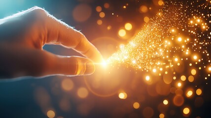 Poster - Human hand touching golden magic dust trail with sparkling light effects on a dark background