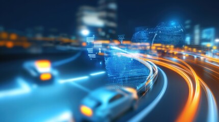 Poster - Dynamic traffic flow technology enhancements in urban environments transportation night scene high-tech perspective for modern cities