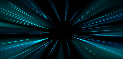 Poster - Speed lines burst from center, glowing neon blue streaks zoom out with dynamic motion acceleration effect. Futuristic warp tunnel abstract perspective background. Sci fi light trail movement illusion.