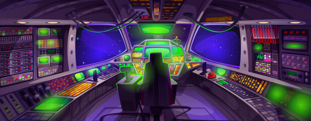 Poster - Spaceship cockpit interior with control panel. Vector cartoon illustration of space shuttle dashboard with computer displays and buttons, dark cosmos and stars seen in windows, exploration mission