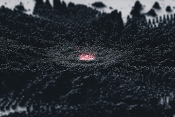 Aufkleber - glowing pink light emerges from dark, abstract landscape composed of numerous small particles, creating mysterious and chaotic atmosphere