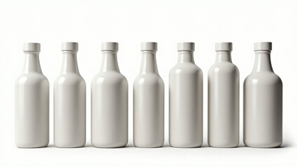 Poster - six identical white bottles aligned in a row, ready for filling. The bottles are made of glass and have a sleek, minimalist design