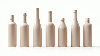 Poster - an assortment of sleek and modern bottles, arranged neatly in a row. Each bottle has a unique shape and design. They have a light, soft pink color and a minimalist aesthetic