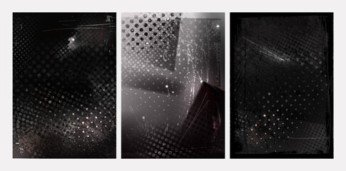 Poster - Black and white punk grunge textures with halftone dot pattern. Edgy distressed backgrounds with scratched, splattered and grungy surfaces. Retro print screen tone effect, vintage graphic design.