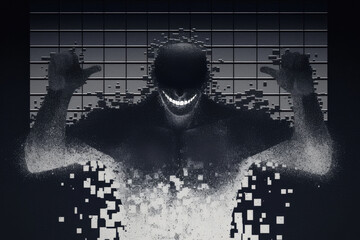 Aufkleber - digital artwork depicting pixelated figure with wide grin, dissolving into grid background, conveying sense of chaos and mental stress
