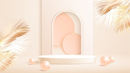 Poster - Beige 3d background with white podium, golden palm leaves, arch window and balls. Elegant minimal geometric composition in soft pastel colors. Modern layout design for luxury cosmetic product display.
