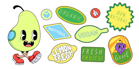 Poster - Cute retro fruit sticker set with quirky characters - happy pear and excited grapes. Bright vintage labels and badges - natural, organic, vegan and fresh, signs. Playful colorful flat vector tags.