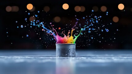 Poster - Colorful liquid crown splash in glass jar with vibrant rainbow colors against dark background, frozen moment with water droplets and bokeh lights.