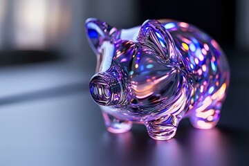 Poster - Glass piggy bank with iridescent rainbow colors and bokeh reflections catching light on smooth transparent surface creating magical prismatic effect.