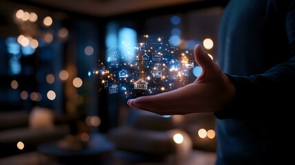 Poster - Glowing digital network icons float above hands in dark room with bokeh lights, representing technology connectivity and digital transformation concept.