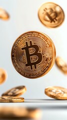 Poster - Golden cryptocurrency coin floating above surface with blurred coins in background, macro shot with selective focus capturing metallic detail and texture.