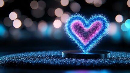 Poster - Glowing neon heart shape floating above platform with sparkly blue light effect and blurred bokeh background creates magical romantic atmosphere.
