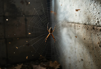 Spider on a web at concrete wall corner