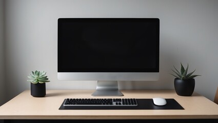 Poster - Modern desktop setup featuring sleek computer, keyboard, mouse, and decorative plants in a minimalistic workspace