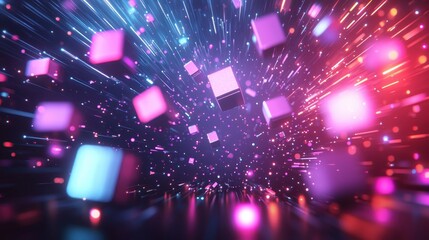 Poster - Dynamic 3d colorful cubes exploding in space futuristic digital art abstract environment