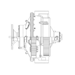 Poster - A drawing of a car engine with a lot of detail. The engine is a part of a larger machine