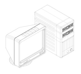 Poster - A computer monitor and a computer tower are shown side by side. The monitor is black and the tower is white. Isometric view