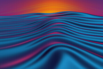 Fototapete - a blue wave with a bright orange sun in the background