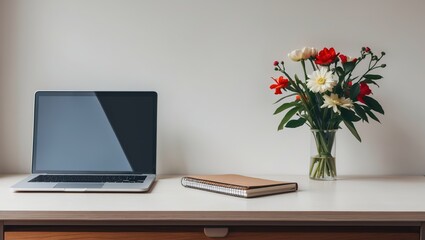 Poster - Workspace arrangement with laptop, notebook, and fresh flowers on a desk in a bright room