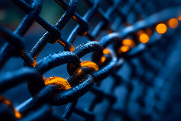 Poster - Close-up of a dark, metallic chain linked through a wire mesh fence, glowing orange at the connection points.  Mysterious and strong