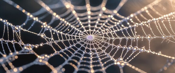 A spider web, adorned with glistening dew drops, reveals intricate fractal patterns. The early morning light creates a shimmering effect, enhancing the delicate beauty of the design