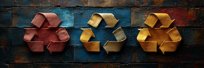 A refined badge with soft, layered textile pieces wrapping into the classic recycling arrows, each
