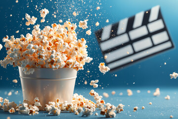 A bright burst of red-toned popcorn overflowing from a stylish bucket, positioned next to a vintage