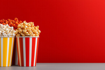 A dramatic side angle of tall, striped buckets brimming with treats, the intense red backdrop
