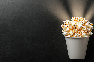 A wide-lens perspective: the clapper and popcorn arranged side by side at the center of an