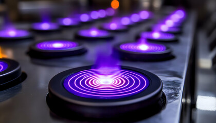 Poster - Close-up of numerous circular, glowing purple elements arranged in rows on a metallic surface.  Intriguing technological or industrial setting